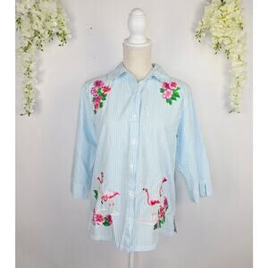Bechamel Petite Blouse Button Up Medium Blue Stripe Flamingo Embroidery Tropical